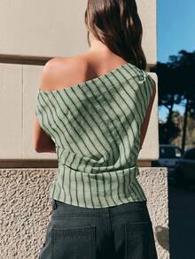 Nöista Fitted Top In Diagonal Green And Black Stripes, Asymmetrical Neckline Showing One Shoulder With A T Of Gathering On The Sides.Spring Festival, Summer - Multicolor - View 2