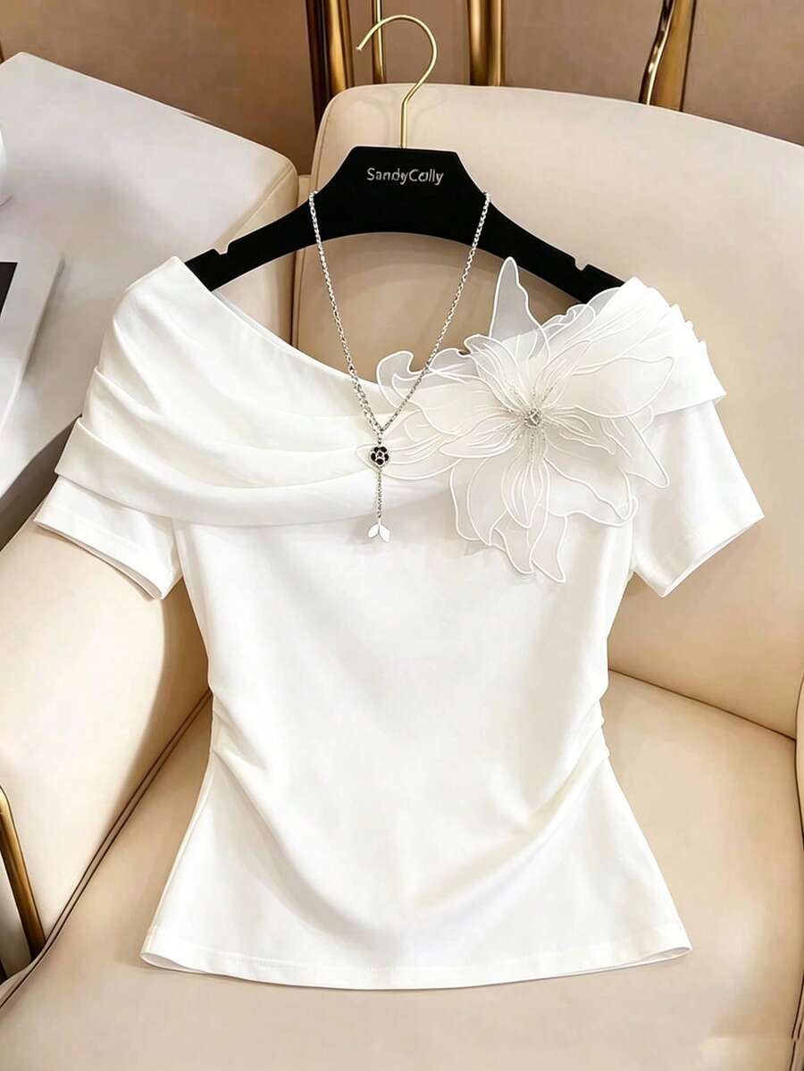 GlowEve Women's Elegant 3D Floral Decorated T-Shirt, Summer - White - View 1