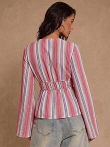 SHEIN Glamour 轻盈时尚的彩色条纹编织V领喇叭袖衬衫，饰有抽绳蝴蝶结，适合春、夏、秋季穿着。 - 玫紅色 - 查看 2