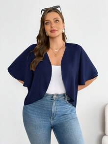 Basic Black Short-Sleeved Cardigan, Versatile And Comfortable For Everyday Wear, Plus Size Women's Casual Fashion, Summer Coats, Going-Out Blouses, Office Wear, Vacation Wear - 藏蓝色 - 查看 3