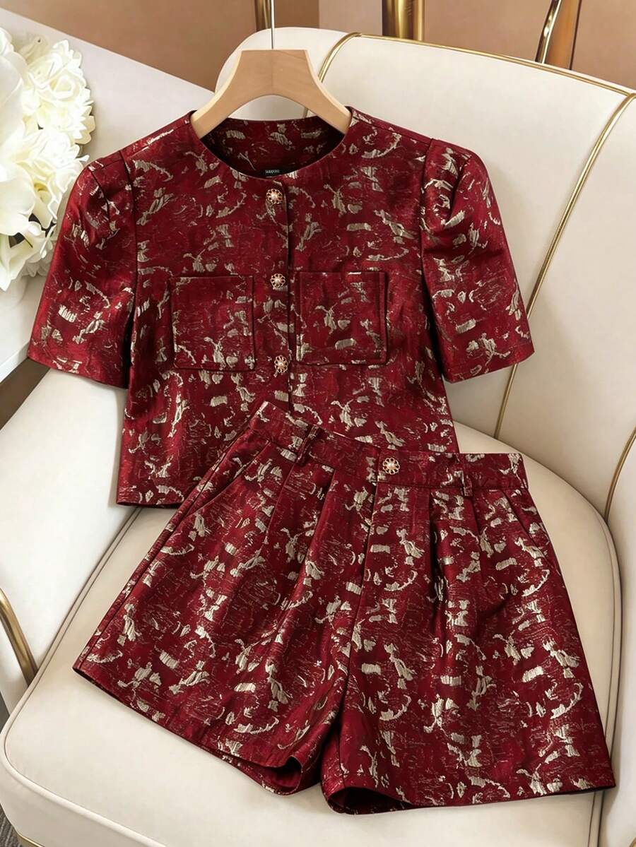 GlowEve 女士优雅金箔图案短款泡泡袖纽扣上衣和短裤套装,夏季 - 紅色 - 查看 1