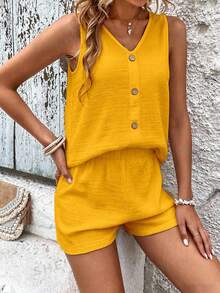 SHEIN LUNE Women's Solid Color V-Neck Camisole And Shorts Casual 2-Piece Set - Yellow - View 5