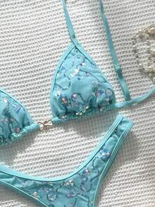 Swim Mod Springbreak 2pcs/Set Summer Vacation Random Animal Print Top And High Cut Sexy Bikini Bottoms - Mint Blue - View 5