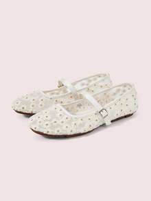 CUCCOO DOLLMOD Women's Shoes, Beige, Round Toe Mary Jane Flats, Flower Embroidered Mesh Yarn, Sweet And Cute, Comfortable, Soft And Breathable - Fireworks - Apricot - View 2