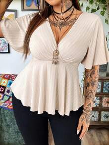 Flirla Plus Size V-Neck Ruffled Sleeve Tee With Short Hem - Apricot - View 1