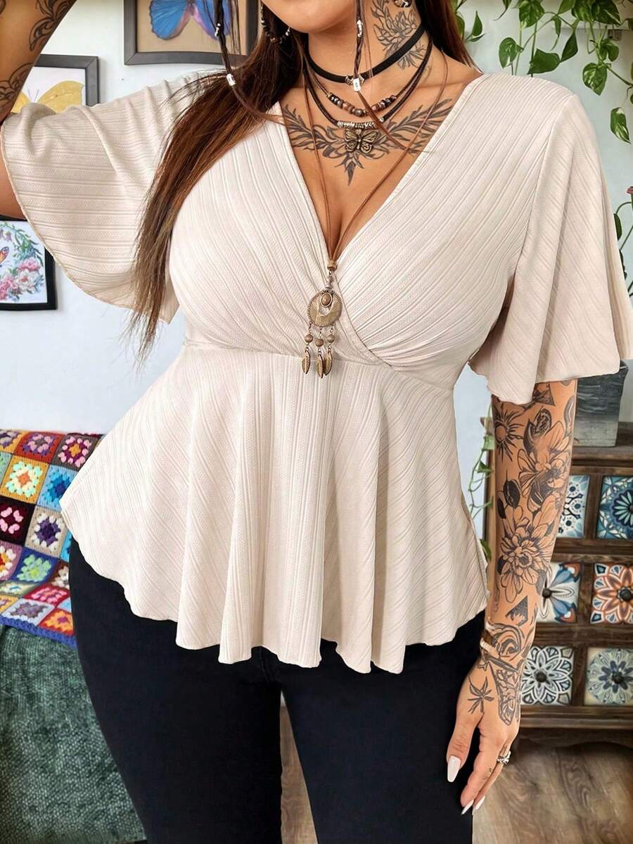 Flirla Plus Size V-Neck Ruffled Sleeve Tee With Short Hem - Apricot - View 1