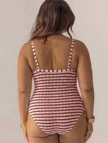 Aralina Traje de baño de una pieza con aros, textura a rayas, lindo y para curvas, para mujer, para vacaciones - Multicolor - Ver 2
