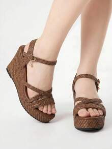 ROMWE Fairycore Giày sandal đế xuồng chống thấm nước kiểu La Mã dành cho nữ, giày đế cao hở mũi cho mùa hè. - màu nâu - Xem 5