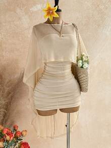 Soleia Party Gold Sequin Sheer Asymmetric Shoulder Loose Top & Ruched Hem Bodycon Mini Dress 2 Piece Set,Light Beige,Summer,Boho,Beach Vacation,Holiday - Gold - View 3