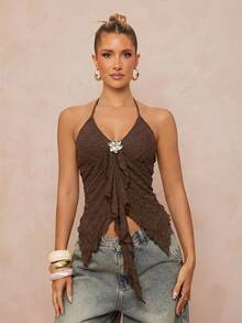 Lumalex Women's Metal Decor Ruffle Asymmetric Hem Pleated Waist Blouse, Brown - Brown - View 8