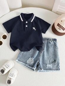 SHEIN Áo polo tay ngắn màu đỏ chất liệu pique, kiểu dáng thường ngày, đa năng, thích hợp cho bé trai, mùa xuân/hè. - Màu xanh hải quân - Xem 1