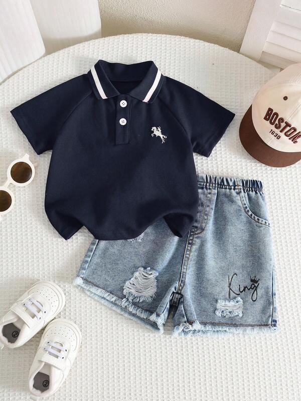 SHEIN Áo polo tay ngắn màu đỏ chất liệu pique, kiểu dáng thường ngày, đa năng, thích hợp cho bé trai, mùa xuân/hè.