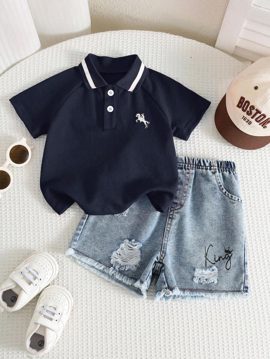 SHEIN Áo polo tay ngắn màu đỏ chất liệu pique, kiểu dáng thường ngày, đa năng, thích hợp cho bé trai, mùa xuân/hè. - Màu xanh hải quân - Xem 1