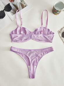 Lowkey Lull 2pcs Set Underwire 1/2 Cup Lift & Gather Minimalist Comfortable High Elasticity High Support Women's Bra Set - Purple - View 2