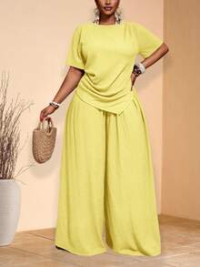 Veslaya 2pcs/Set 2026 Spring/Summer Casual Vacation Solid Color Asymmetric Hem Short Sleeve Top And Elastic Waist Wide Leg Pants Plus Size - Light Yellow - View 1