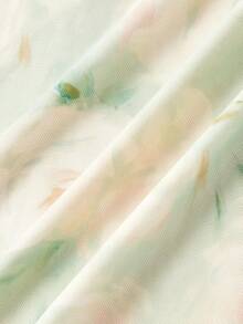 Floral Print Mesh Pleat Dress With Bow - Green - View 6