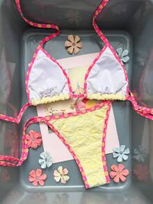 Swim Mod 2026新款Y2K印花比基尼套裝，黃色&粉色肩帶兩件式泳衣，可愛夏季海灘穿搭 - 黃色 - 查看 2