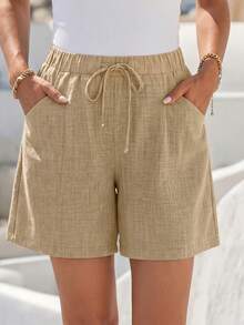 Faunlyn Quần short nữ thời trang đi nghỉ mát, có túi, dây rút ở eo, kiểu dáng thường ngày. - Màu Khaki - Xem 3