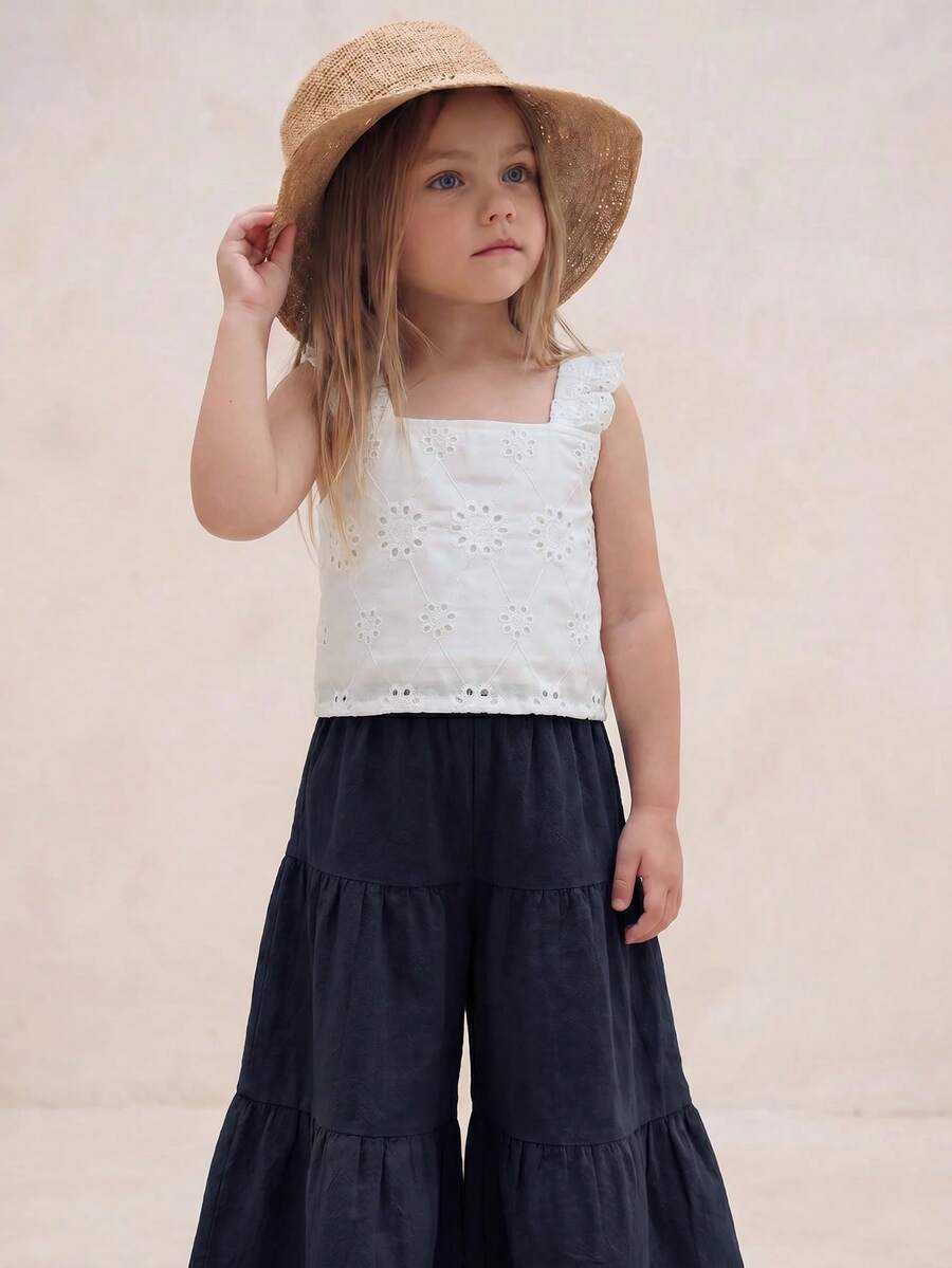 Emery Rose Kids Emery Rose Kids 2pcs Young Girl Woven Solid Color Square Neck Ruffle Trim Casual Camisole And Long Pants Set - Navy Blue - View 1