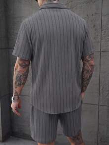SLATEMANN Plus Size Men's Jacquard Striped Short Sleeve Shirt And Shorts Set - Grey - View 2