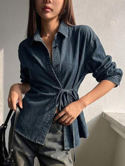 DAZY Women Front Button Tie Front Long Sleeve Denim Top