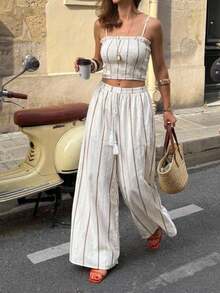 Frenchy Conjunto de 2 piezas de top tubo corto y pantalones de pierna ancha con estampado de plantas para vacaciones de mujer - Albaricoque - Ver 5