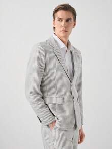 Manfinity CityGents Men's Grey Striped Textured Spring/Summer Front Button Long Sleeve Suit Jacket And Pants Set Prom Suit For Men Mans Outfit Mans Suit Elegant Outfit For Men Pin Stripe Suit Old Money,Daily Leisure, Weekend Trips, Outdoor Activities, Travel Expeditions, Relaxed Work Environments Or Semi-Formal Occasions, Boyfriend/Husband Gift, Anniversary /Birthday Gift Party Summer Vacation Holiday,Wedding,Spring To Summer,Easter,Y2k,Vintage,Hawaii - Grey - View 5