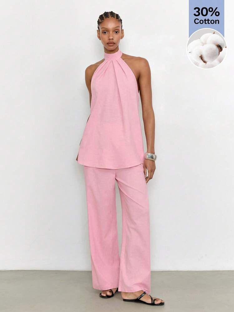 SHEIN Maija Women's Pleated Halter Neck Tie Top And Casual Elegant Elegant Long Pants 2 Pieces Set, Summer Brunch Light Pink Brunch,Summer Outfits For Women