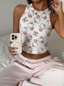 CovetEZ HELLO KITTY AND FRIENDS | SHEIN 休闲简约日常百搭可爱猫咪印花图案，适合海滩、度假，女士夏季圆领紧身吊带背心 - 彩色 - 查看 4