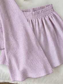 Resyla Women's Solid Color Minimalist Long Sleeve Shirt And Shorts Set, Casual Daily Wear Vacation Lilac Purple Autumn - Mauve Purple - View 4