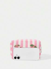 SHECARRY Ladies Fashion Pink And White Striped Cherry Embroidered Cosmetic Bag, Rhinestone Decorated Canvas Storage Bag, Portable Beauty Bag - Pink - View 6