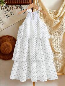 SHEIN Vintaside Kids 少女珍珠雪紡白色與黑色波點層次蛋糕迷你洋裝 夏季婚禮花童畢業禮服 可愛優雅 - 白色 - 查看 2