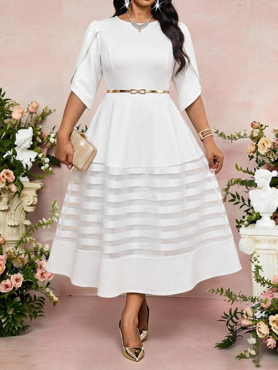 Fleurora Đầm midi tay ngắn màu kaki dệt kim cổ tròn, tay cánh hoa, dáng midi, cỡ lớn, thanh lịch cho mùa xuân và hè, trang phục công sở cho nữ, đầm nữ, trang phục mùa hè thanh lịch cho nữ. - trắng - Xem 1