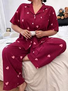 SHEIN 条纹爱心印花翻领短袖睡衣套装，加大码 - 彩色 - 查看 6