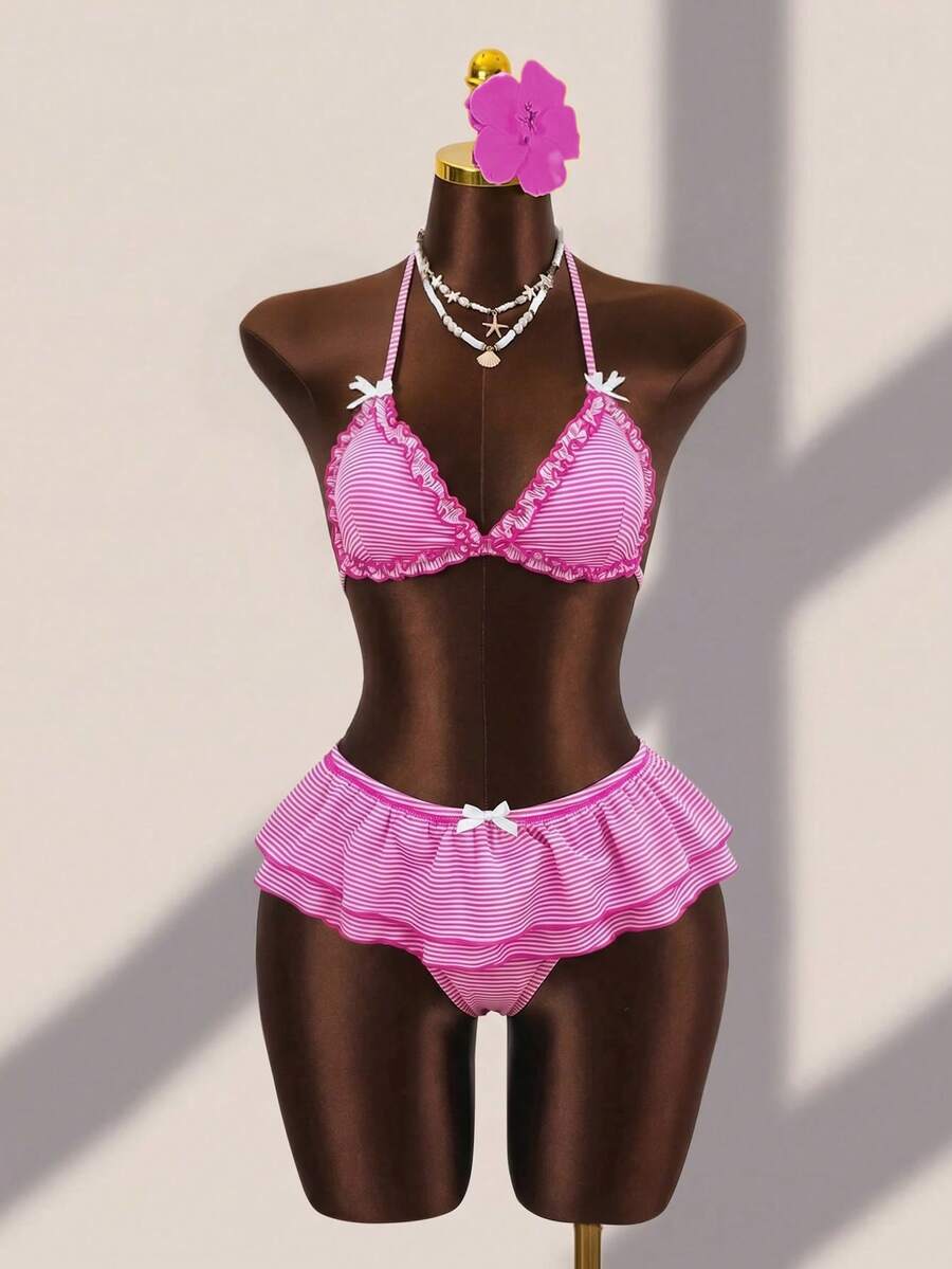 Zestiva Set Bikini Wanita Motif Garis-garis untuk Liburan Pantai, Hiasan Pita dan Rumbai Manis, Model Halter Tie. - Hot Pink - View 1
