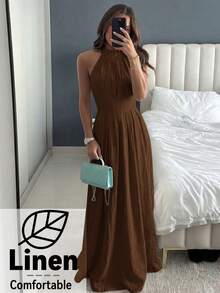 Aloruh 女款夏季洋裝，時尚百褶領優雅修身亞麻洋裝；夏季波希米亞風亞麻修身A字無袖洋裝；優雅女款無袖亞麻洋裝；休閒度假洋裝 - 棕色 - 查看 8
