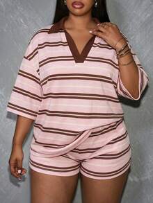 Slaydiva Plus Size Women Striped Short Sleeve T-Shirt And Shorts Casual 2-Piece Set - Multicolor - View 3