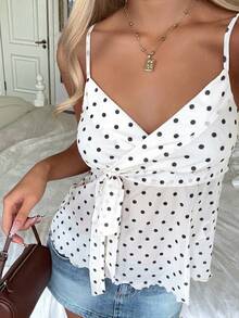 CovetEZ Áo hai dây/áo tank top nữ màu trắng chấm bi thắt nút, kiểu dáng thường ngày, đa năng, thích hợp cho buổi hẹn hò hoặc buổi tối. - trắng - Xem 3