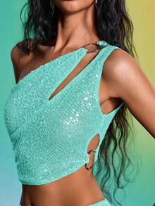Femmeiva Women's Sequin Ruched Backless Top, Sexy Teal Blue Asymmetrical Shoulder For Summer, Beach Club Night Out, Party, Holiday - Green - View 2