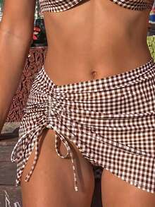 Bonvoyette Women's Summer Beach Holiday Metal Decor Plaid Print Swimwear 3 Pieces Set - Brown - View 11