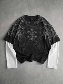 ROMWE MEN Goth Men's Patchwork Contrast Color Iris Flower & Wing Print Long Sleeve T-Shirt - Black - View 1