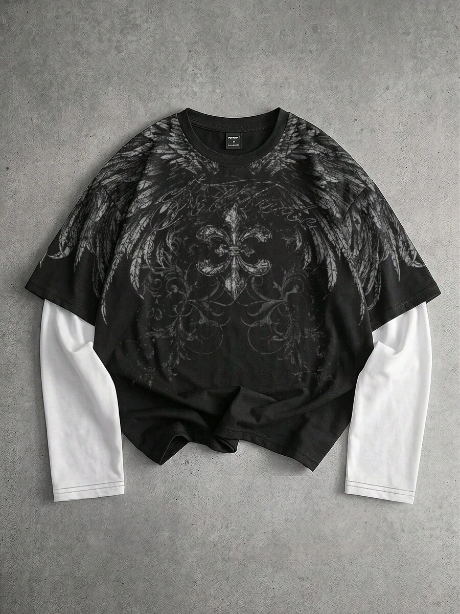 ROMWE MEN Goth Men's Patchwork Contrast Color Iris Flower & Wing Print Long Sleeve T-Shirt - Black - View 1