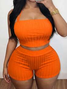 Slaydiva Women's Plus Size Two Pieces Set, Summer Orange Smart Casual Sexy Beach Vacation Rave Party Gym Strapless Tank Top High-Waisted Cycling Shorts, Sporty - Orange - View 5