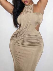 Slaydiva Vestido de mujer talla grande de unicolor con cintura fruncida y escote halter con abertura - Caqui - Ver 4