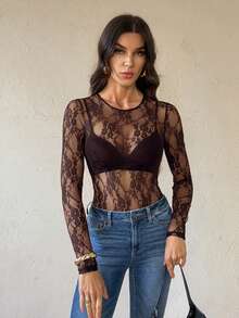 SHEIN Tall Sheer Lace Bodysuit, Bra Not Included, Tall Women - Coffee Brown - View 3