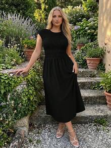 Auralis Plus Size Women Summer Casual Vacation Minimalist Solid Color Shirred Bodice Cinching Waist Dress - Black - View 3