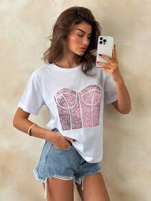 EURMUSE Damen Premium Weiß Baumwolle T-Shirt mit glitzerndem rosa Pailletten Bustier Detail, strukturierter Korsage-Stil Näharbeit und täglich glamouröse Oversized Silhouette, limitierte Kollektion - Weiss - Übersicht 5