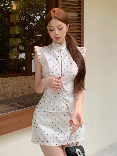 Livesso 2pcs Women Polka Dot Pattern Cap Sleeve Blouse And Mini Skirt Set