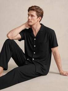 EverLounge Men's Solid Color Single-Breasted Short Sleeve Top And Pants Pajama Set - Black - View 3