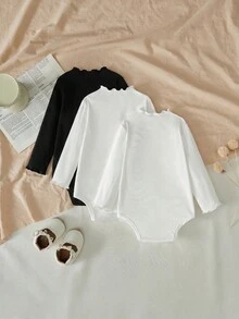SHEIN LMoss Kids LMoss 3件組新生女嬰舒適針織純色荷葉邊連身衣套裝，秋季黑白休閒款 - 白色 - 查看 6